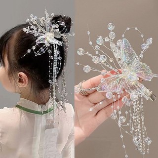 2pcs Super Fairy Butterfly Tassel Hair Clip Girls Rhinestones Pearl Princess Elegant Bridal Wedding
