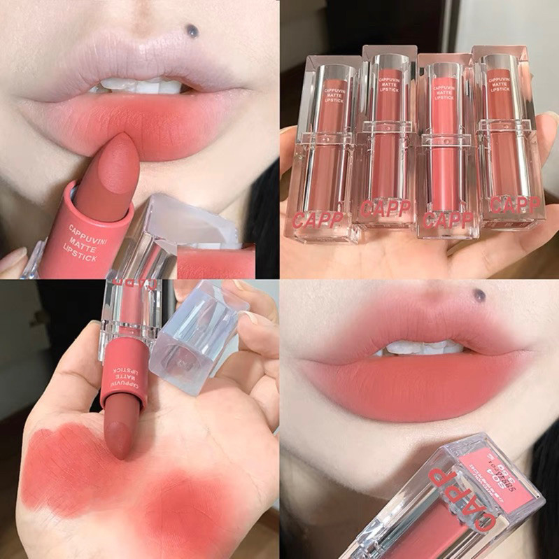 L-08✨Cappuvini ลิปสติก เนื้อแมตต์ กํามะหยี่ หลอดใส 6 สี อะคริลิคใส กันน้ํา กันเหงื่อ ติดทนนาน