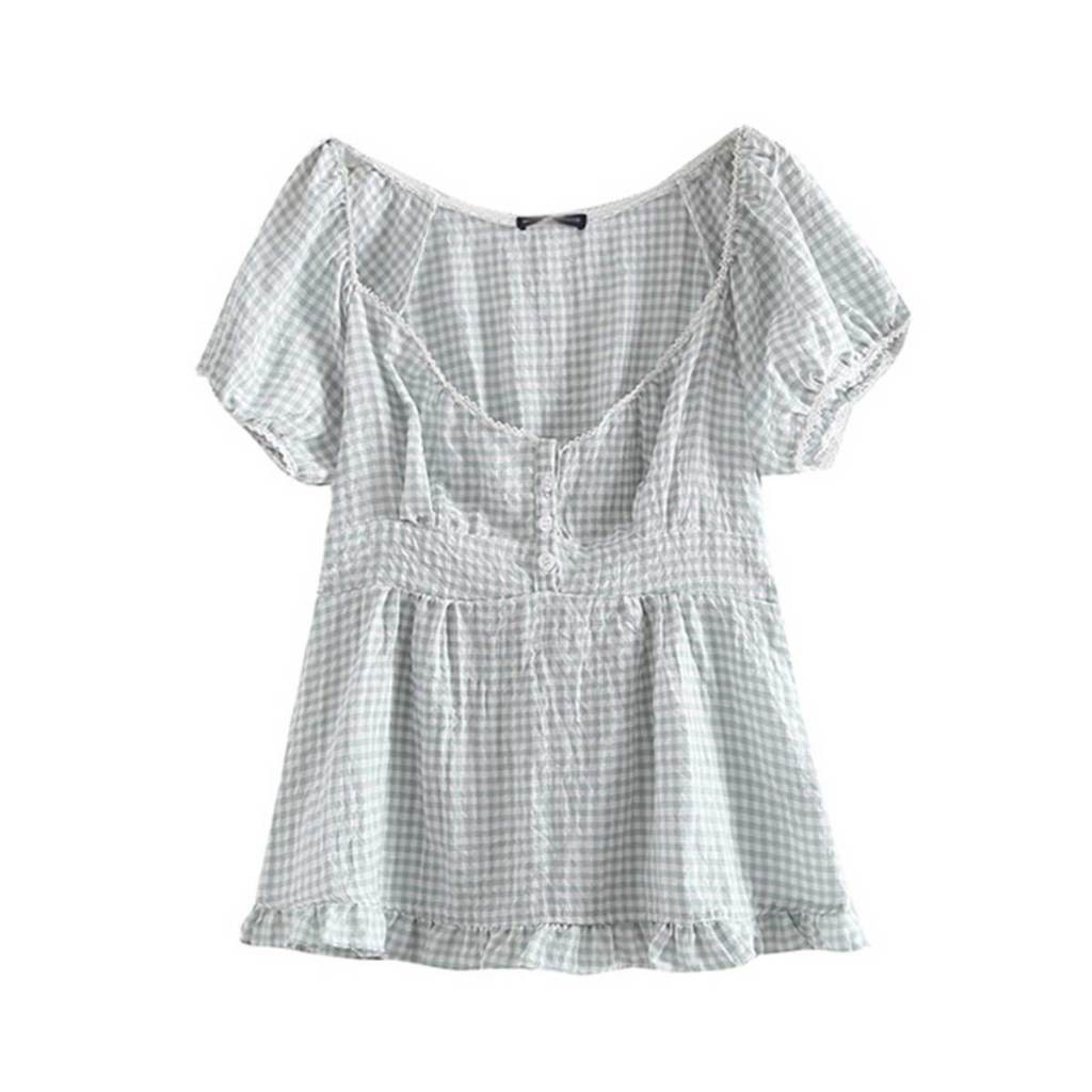 เสื้อแขนสั้นแนววินเทจ เเต่กระดุมข้างหน้า แขนพองน่ารักๆ - รูปที่ 2