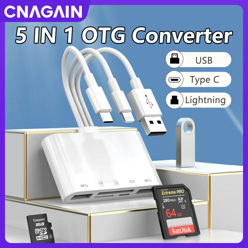 Cnagain 5 IN 1 ตัวแปลง OTG มัลติฟังก์ชั่น สําหรับเครื่องอ่านการ์ด Lightning Type C USB SD TF พร้อมพอร์ต USB 3.0 และพอร์ตชาร์จ สําหรับ I Phone 15 14 13 Pro Max Pad Samsung S24 S23 S22 แล็ปท็อป