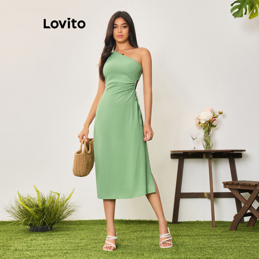Lovito เดรสผู้หญิง สีพื้น สไตล์ลำลอง อสมมาตร เชือกรูด LBA05081 (สีเขียว)