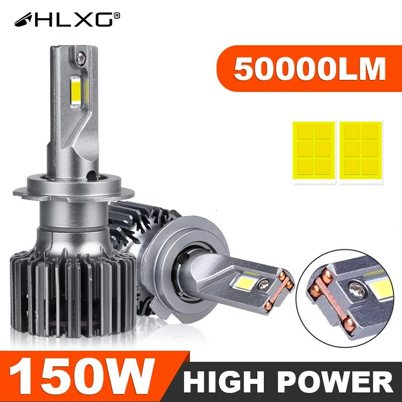 Hlxg H7 LED Canbus 50000LM 150W H11 LEDs H4 HB3 9005 9006 HB4 หลอดไฟหน้ารถยนต์ รถจักรยานยนต์ ไฟตัดหมอกอัตโนมัติ 6000K HLXG 3 ท่อทองแดง
