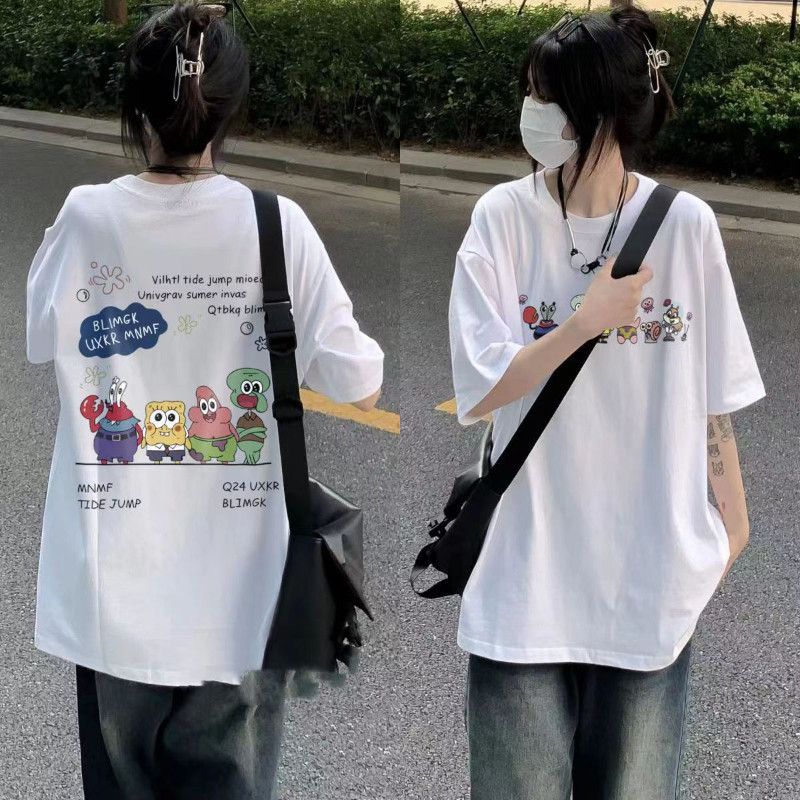 【Polyester】เสื้อยืดคอกลม แขนสั้น ลายการ์ตูนน่ารัก สไตล์เกาหลี ทรงหลวม อเนกประสงค์ แฟชั่นฤดูร้อน สําหรับผู้หญิง นักเรียน