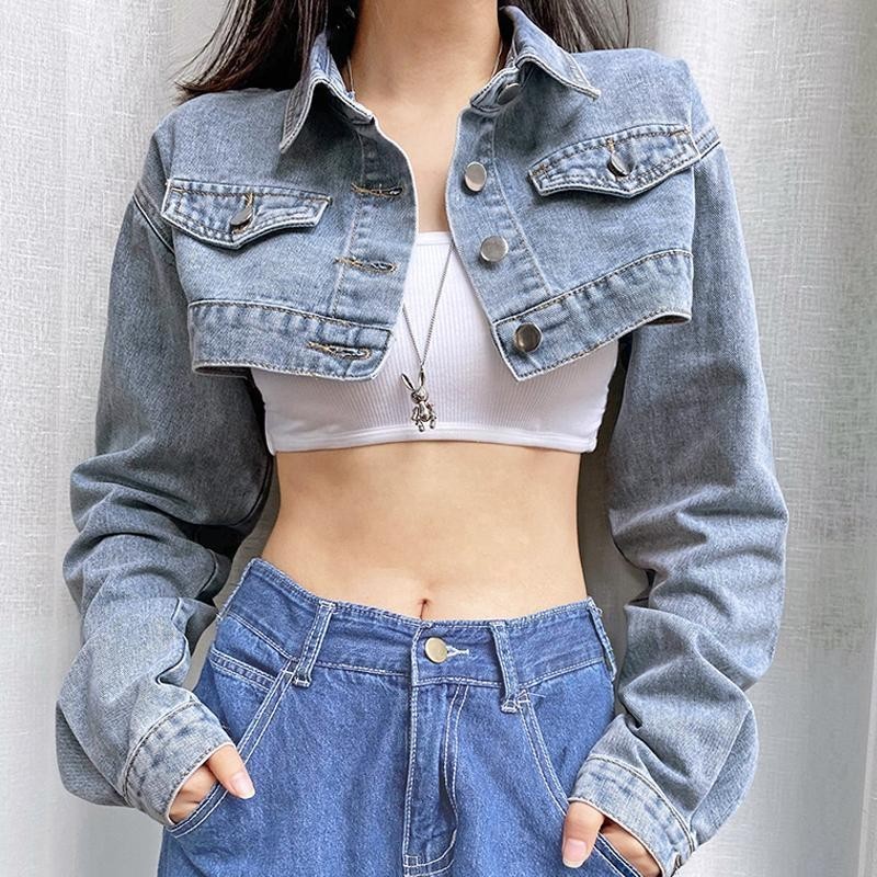 เสื้อแจ็กเก็ตยีนแขนยาว แต่งกระดุมแถวเดียว ทรงหลวม ตัวสั้นพิเศษ สําหรับผู้หญิง
