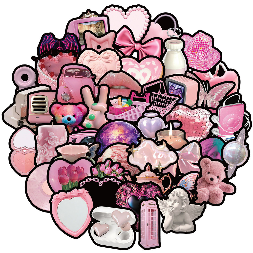 สติกเกอร์ ลายกราฟฟิตี้น่ารัก กันน้ํา สีชมพู สีมาการอง สําหรับติดตกแต่งหมวกกันน็อค จักรยาน ดินสอ 50 ชิ้น