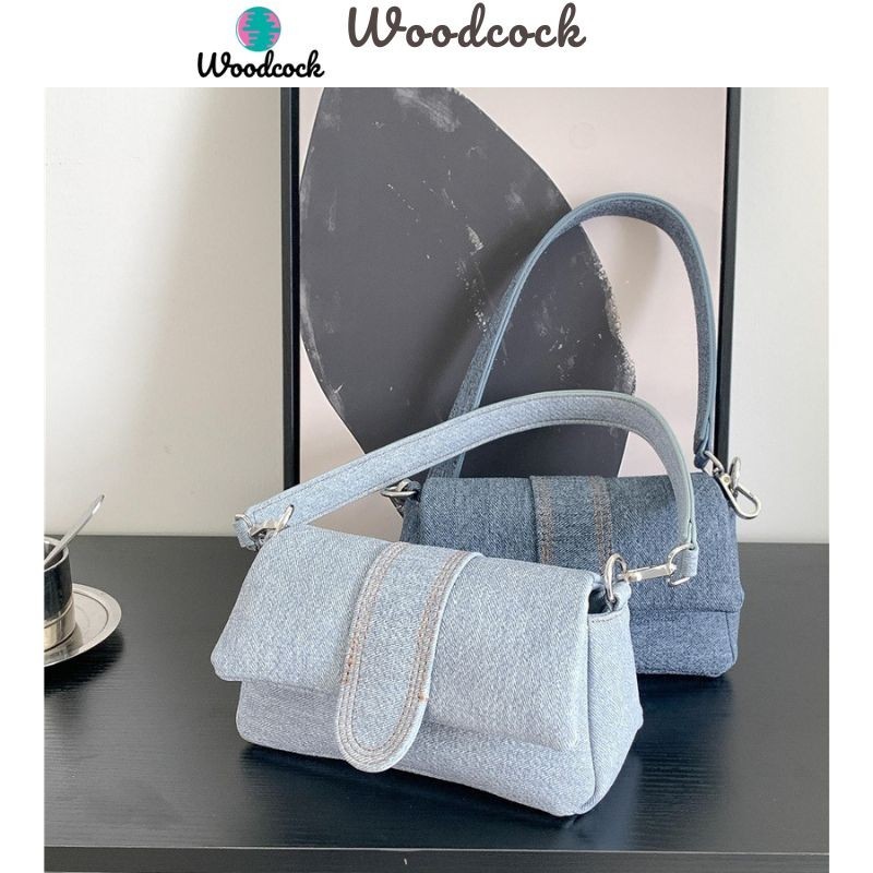 สไตล์เกาหลีใหม่ Denim bag กระเป๋า Baguette Vintage คุณภาพดีกระเป๋าสะพายไหล่ Unique Design กระเป๋าหนัง PU ใต้วงแขน