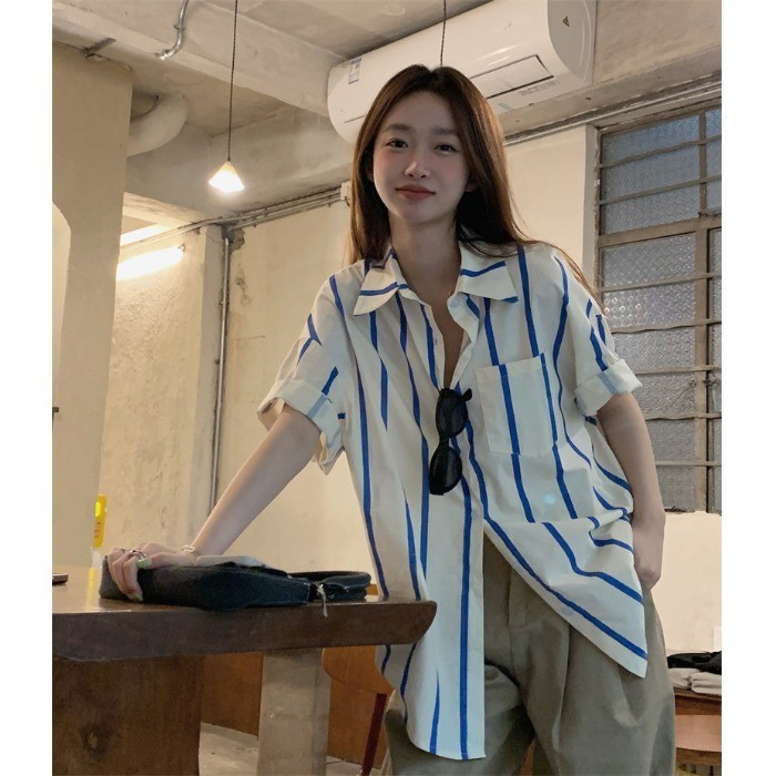 เสื้อเชิ้ตแขนสั้นลําลอง ทรงหลวม ลายทาง สีเขียว สไตล์เกาหลี เรโทร เข้ากับทุกการแต่งกาย สําหรับผู้หญิง