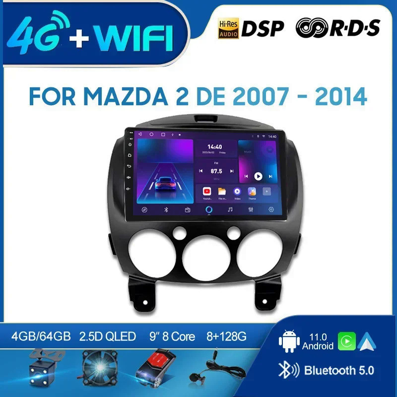 เครื่องเล่นมัลติมีเดีย วิทยุ GPS นําทาง 4G สําหรับ Mazda 2 DE 2007-2014 2 din Android 12.0