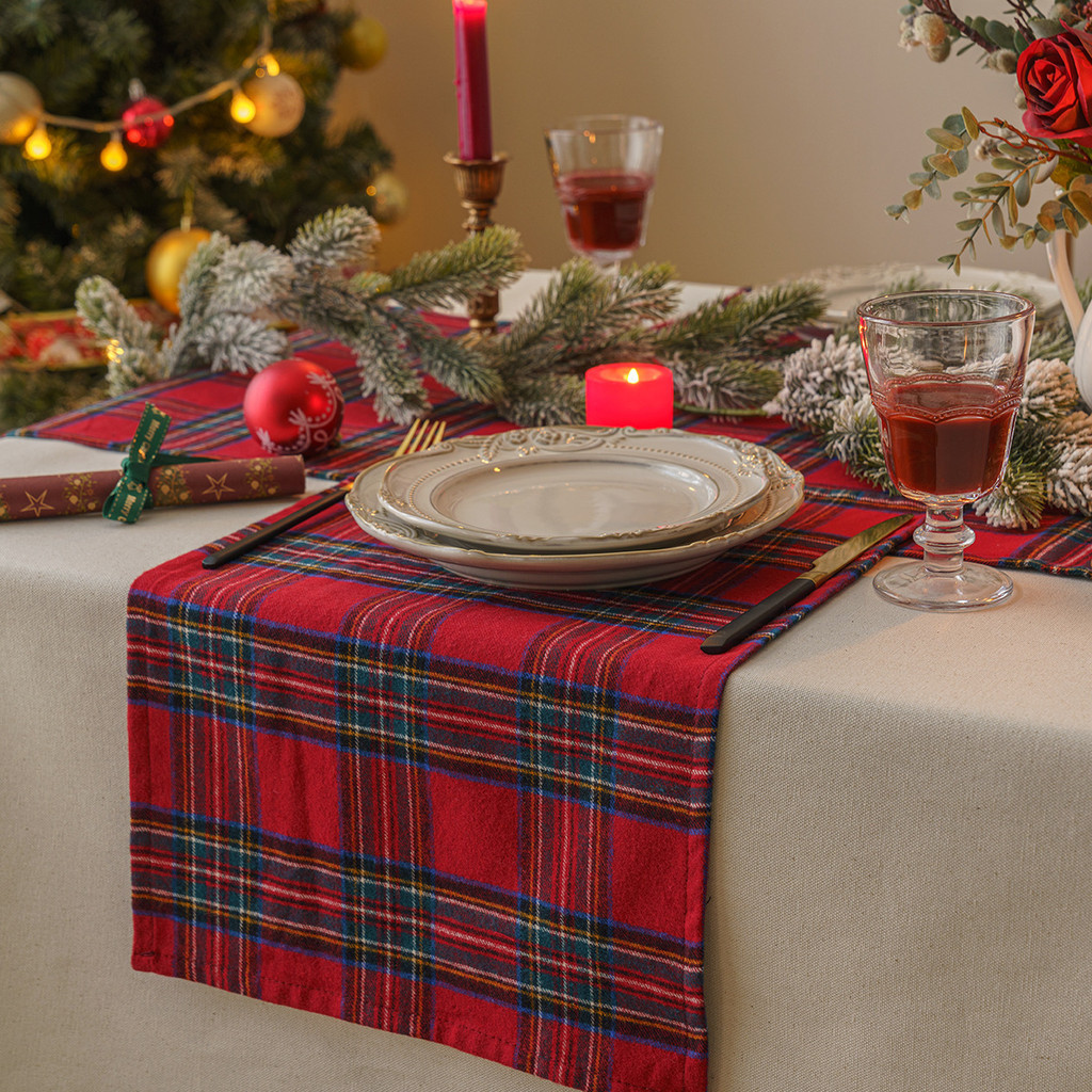 ผ้าปูโต๊ะ ลายสก๊อต สีแดง ทนความร้อนสูง สําหรับตกแต่งบ้าน วันคริสต์มาส