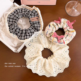เกาหลีใต้ ใหม่ ลูกไม้ ตรวจสอบ scrunchie ซาลาเปา ผม เชือก บัลเล่ต์ สไตล์ เครื่องประดับผม