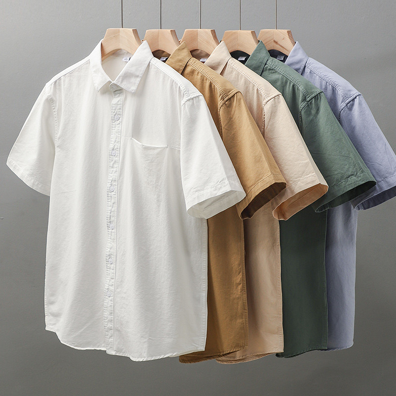 Dukeen เสื้อเชิ้ตครึ่งแขนผู้ชายฤดูร้อนสีทึบกระเป๋าปกลําลองนิ้วเสื้อเชิ้ตผ้าฝ้ายแท้เสื้อเชิ้ตสีขาว