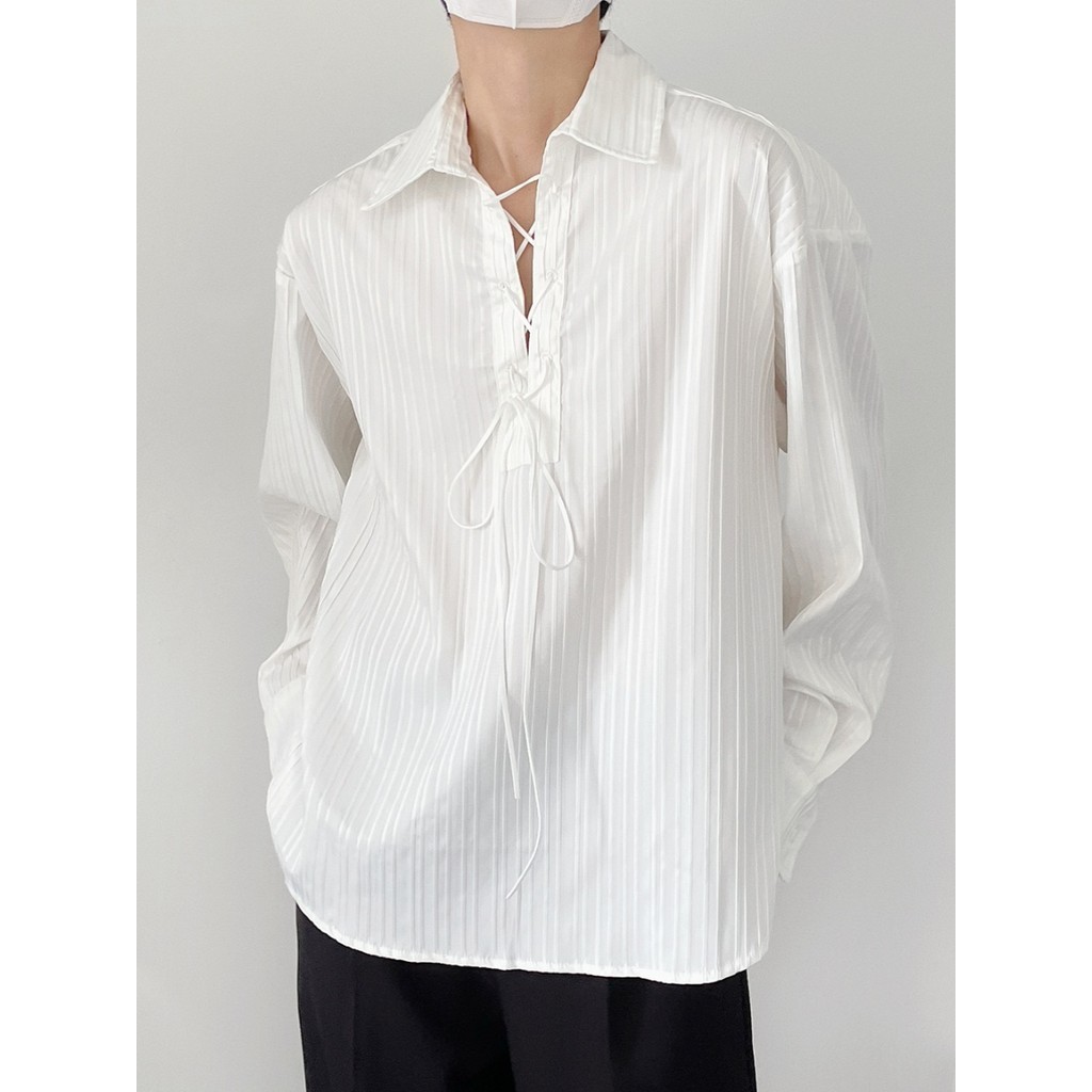 High-End Abstinence Style Crinkled Long-Sleeved Mens Loose Baroque Shirt อินเทรนด์