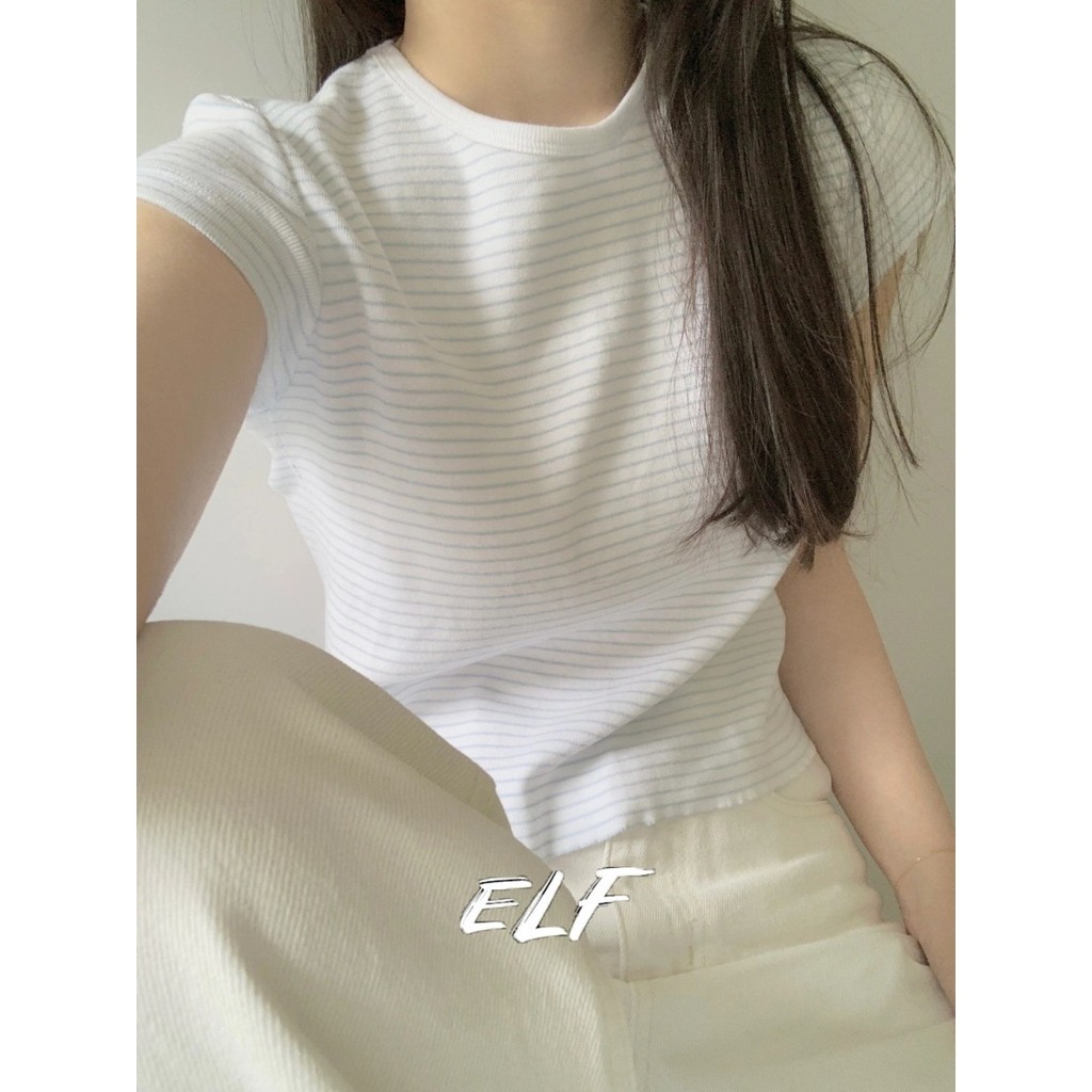 เสื้อครอปท็อป แขนสั้น ลายทาง แฟชั่นฤดูร้อน สําหรับผู้หญิง