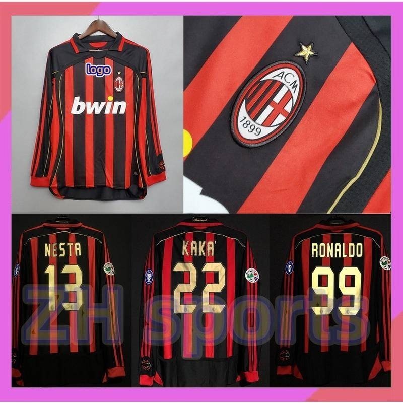 2006-2007 AC Milan Home เสื้อแขนยาว Retro Jersey ฟุตบอล 06-07 AC Milan Jersey Kaka 22 Nesta 13 Ronal