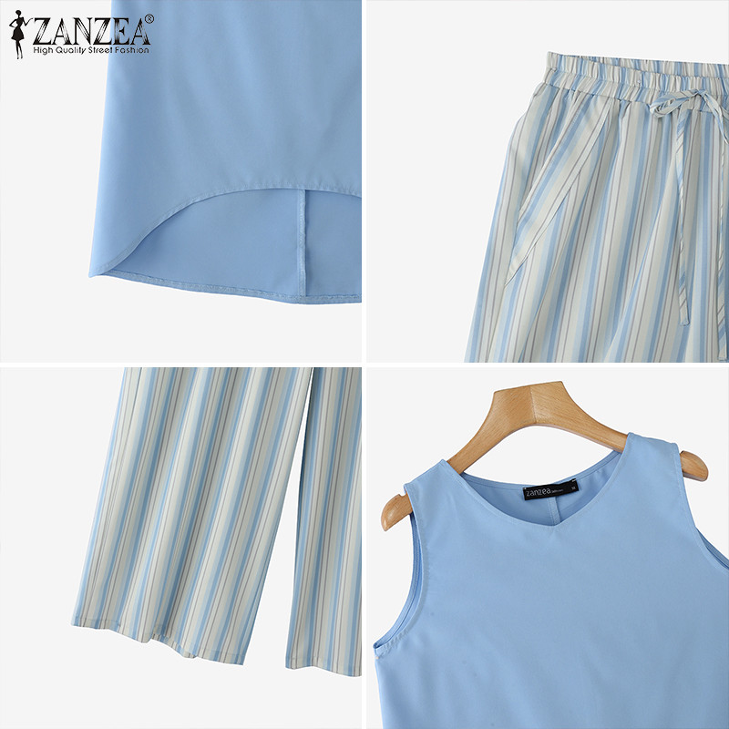 ZANZEA ซานเซีย ผู้หญิงเกาหลีแขนกุดยืดหยุ่นเอวกระเป๋าลายขากว้างชุดสองชิ้น
