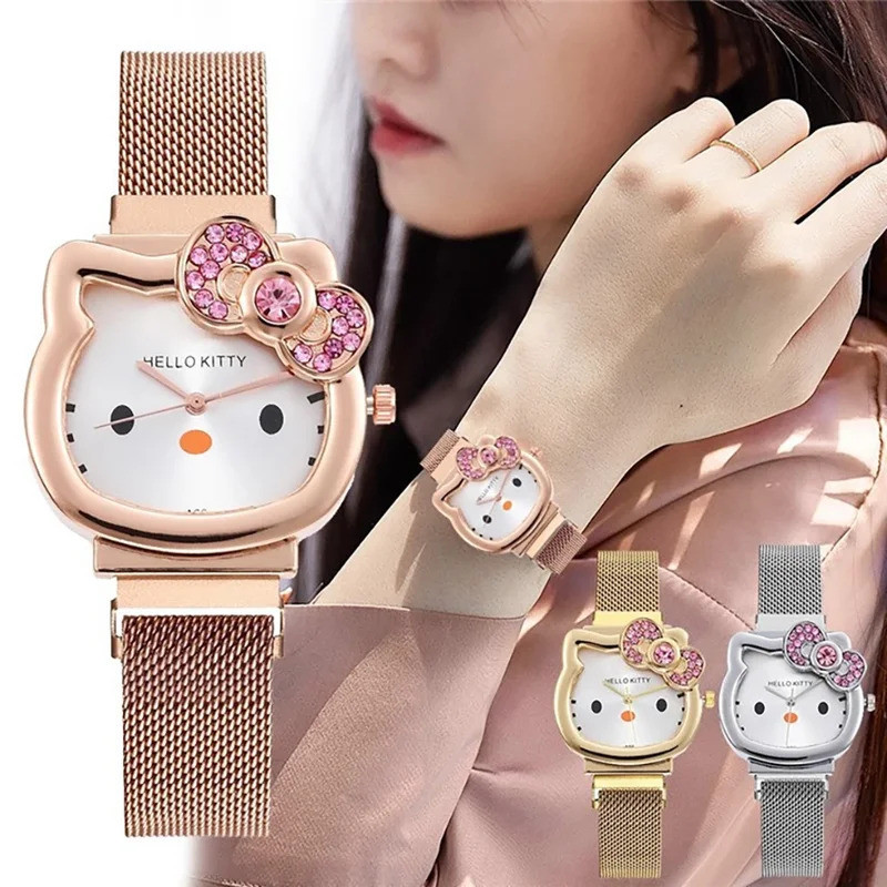 SANRIO สวัสดี คิตตี้ โลหะโบว์เพชรแฟชั่นควอตซ์แม่เหล็กนาฬิกา อะนิเมะการ์ตูนน่ารัก ของขวัญวันเกิด