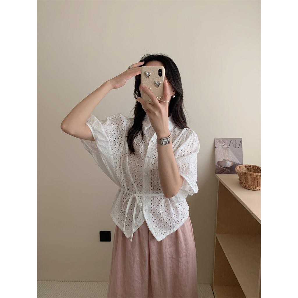 Dahong 💖เสื้อเบลาส์ลำลองสีพื้น แต่งตาไก่ เสื้อเชิ้ต ดูผอมบางเสื้อเชิ้ตแขนสั้น สำหรับสตรี แฟชั่น Women Clothing W518 - รูปที่ 4