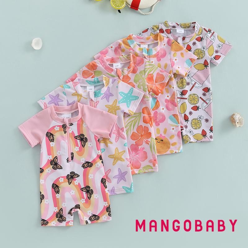 Mg-girls Rash Guard ชุดว่ายน้ําแขนสั้น O คอสายรุ้ง/ดาว/ดอกไม้/ไอศกรีมพิมพ์ว่ายน้ํา Romper