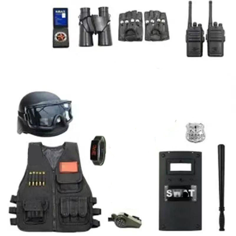 2025 ของเล่นเด็กเด็ก Walkie-Talkie ขนาดเล็กตํารวจพิเศษอุปกรณ์ยุทธวิธีหมวกกันน็อคเสื้อกั๊ก Shield ปืนพกป้องกันการระเบิด Props