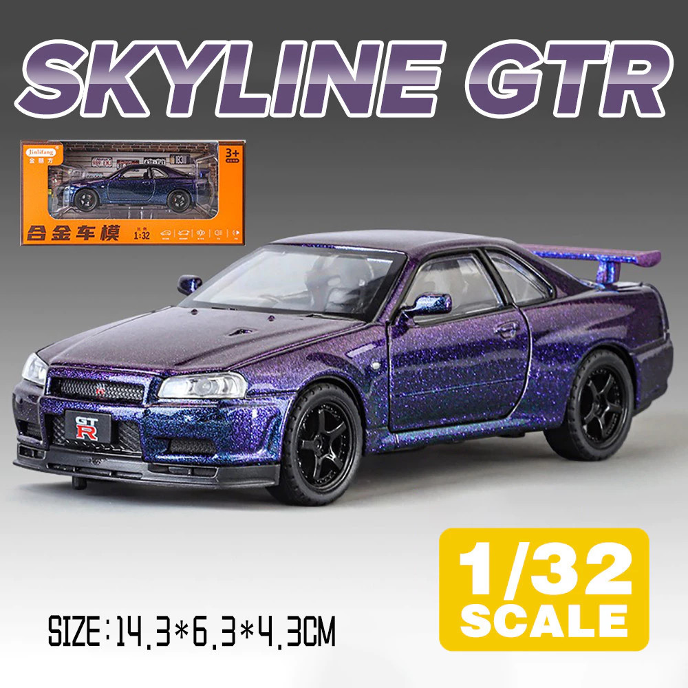 ใหม่1:32 NISSAN GTR R34 โลหะของเล่นรถรุ่นรถDiecastสําหรับเด็กเด็กจําลองเสียงแสงของขวัญงานอดิเรกคอลเล