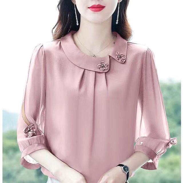 ฤดูร้อนใหม่ สไตล์หรูหรา ขนาดใหญ่ พลัสไซส์ สำหรับสาวอวบ สีพื้น เสื้อชีฟองแขนสามส่วน หลวม กระชับหน้าท้อง ลดอายุ