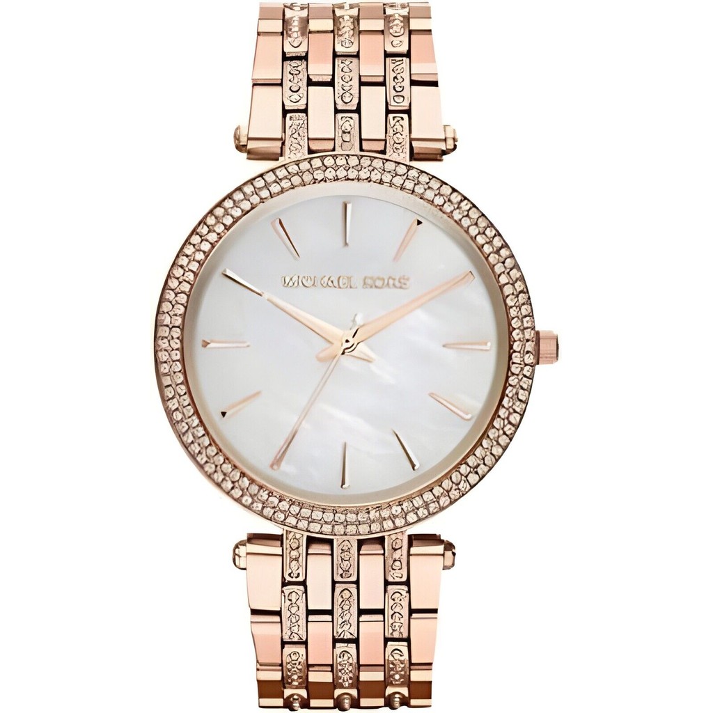 MICHAEL KORS MK3220 DARCI ROSE GOLD TONE CRYSTAL PAVE GLITZ MOP BRACELET WATCH