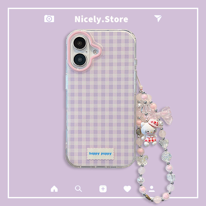 INS ลายสก๊อตสีม่วงเรียบง่ายเคสโทรศัพท์ IMD สําหรับ iPhone 17 16 15 14 13 Pro Max Bowknot Hello Kitty Chain Shock Proof ฝาหลัง