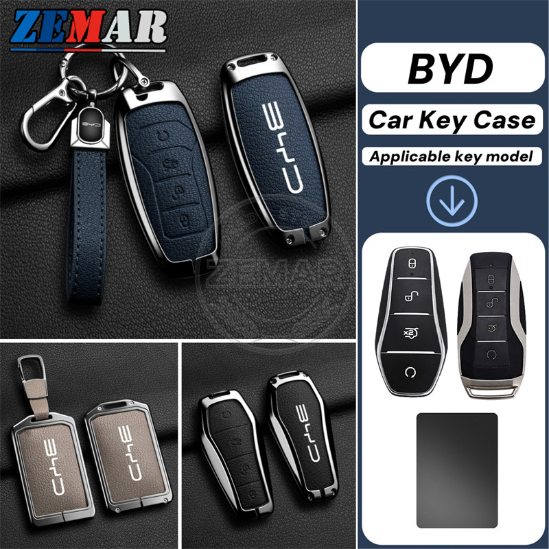 BYD ฝาครอบกุญแจรถหนัง ปลอกกุญแจรถ ฝาครอบกุญแจโลหะผสมสังกะสี เคสป้องกันสมาร์ทคีย์ เคสกุญแจรถยนต์ พวงกุญแจรถยนต์ พวงกุญแจ อุปกรณ์เสริมรถยนต์ BYD Atto 3 หยวน Plus เพลง Plus Dolphin Mini Seal U Han EV