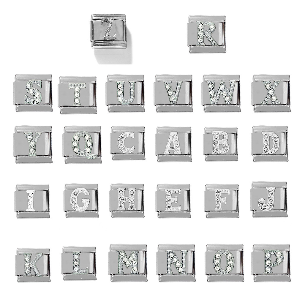 304 สแตนเลส DIY charm สร้อยข้อมือตัวอักษรภาษาอังกฤษโมดูล italy charms สร้อยข้อมือยางยืดสแตนเลส