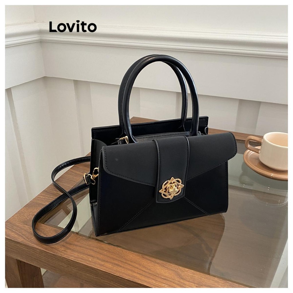 Lovito กระเป๋ากระเป๋าถือทรงพนังโลโก้โลหะธรรมดาหรูหราสําหรับผู้หญิง LFA65129