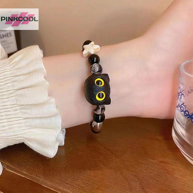 PINKCOOL น่ารักสร้อยข้อมือลูกปัดสีดําสําหรับผู้หญิงผู้ชายสีดําสีขาวลูกปัดการ์ตูนสัตว์สร้อยข้อมือคู่เครื่องประดับอินเทรนด์คนรักของขวัญ HOT