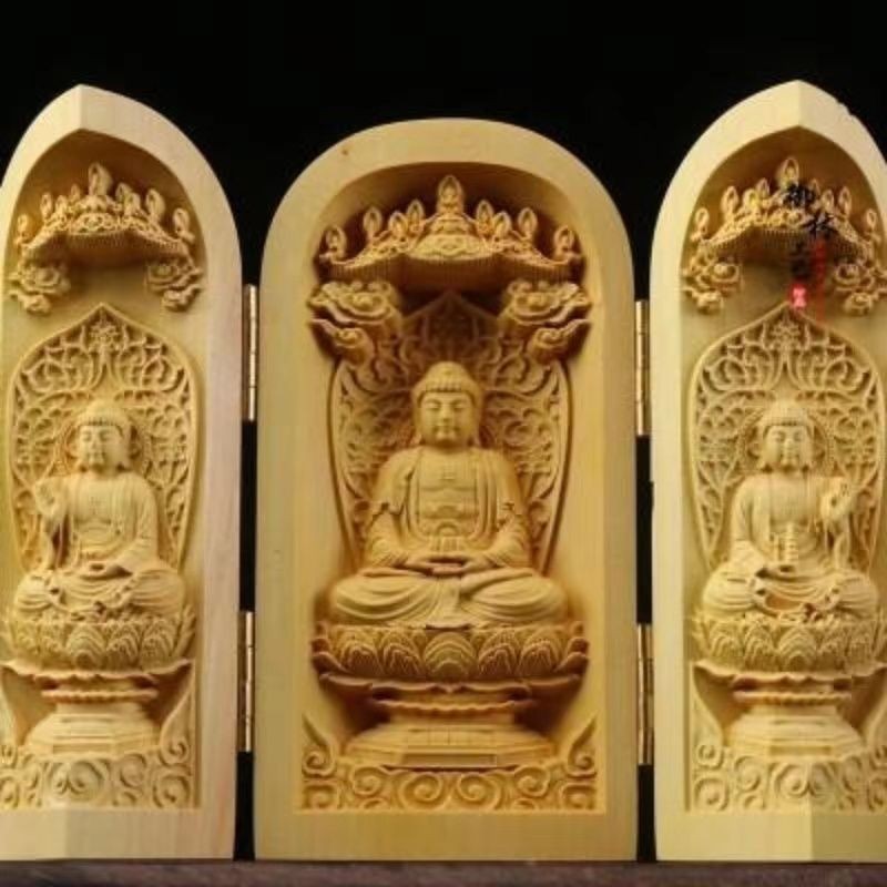 กล ่ องกล ่ องไม ้ แกะสลัก Western สามพระพุทธรูปศักดิ ์ สิทธิ ์ เครื ่ องประดับไม ้ แกะสลักไม ้ แกะสลักแบบพกพาพระพุทธรูปในครัวเรือน