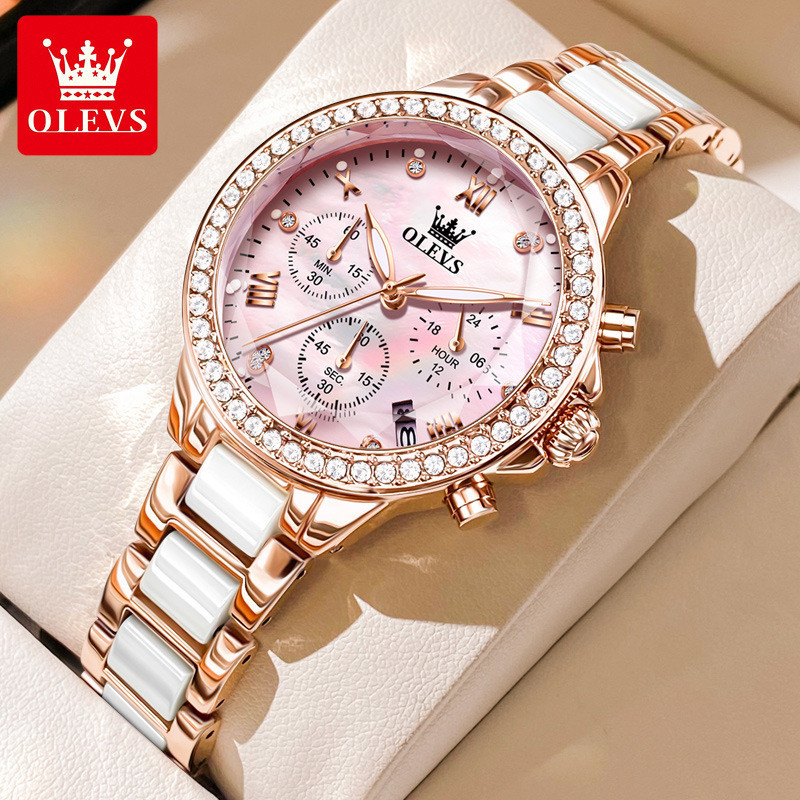 Olevs ใหม่ นาฬิกาข้อมือควอตซ์แฟชั่น ลําลอง ประดับเพชร ปฏิทิน 9999 (ฟรีกล่องนาฬิกา สวยหรู) 2024