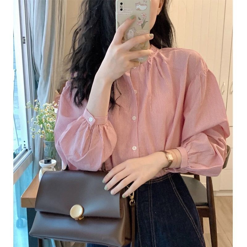 Xiao2 เสื้อเชิ้ต ผ้าฟลีซ ลายขวาง สีชมพู ขนาดเล็ก ไฮเอนด์ สไตล์ฝรั่งเศส เหมาะกับฤดูร้อน สําหรับผู้หญิง NUER