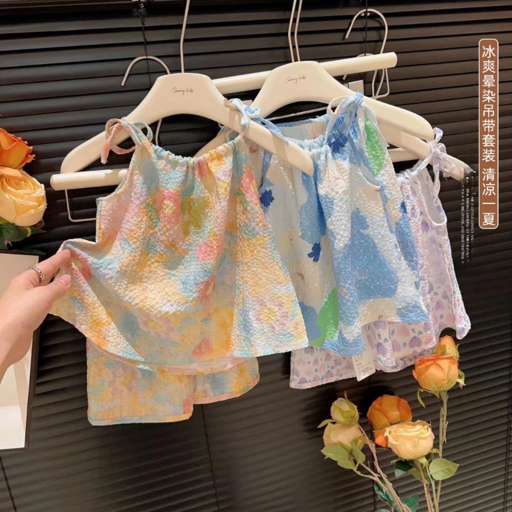 ชุดเอี๊ยมเสื้อกั๊ก ระบายอากาศได้ดี ลายดอกไม้ แฟชั่นฤดูร้อน สําหรับเด็กผู้หญิง จํานวน สองชิ้น