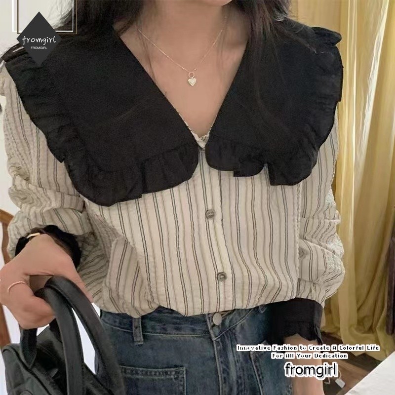 เสื้อเชิ้ตแขนยาว ลายทาง แฟชั่นฤดูใบไม้ร่วง สไตล์ฝรั่งเศส