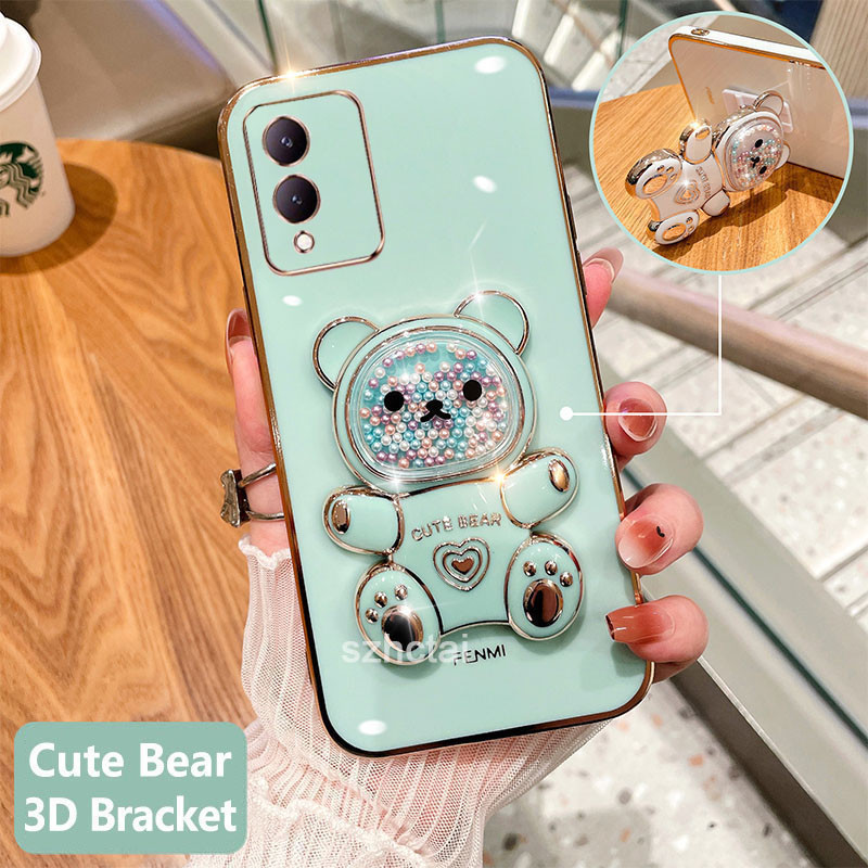 เคสโทรศัพท์ vivo y17s เคสโทรศัพท์มือถือชุบนิ่ม ทรงสี่เหลี่ยม ลายหมีน่ารัก 3D พร้อมที่ตั้งวาง สําหรับ vivo y17s