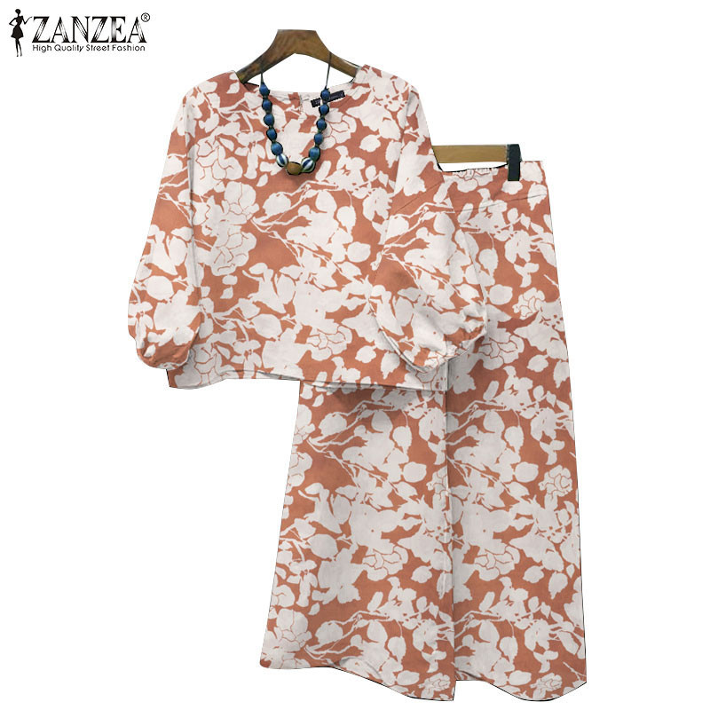 Zanzea เสื้อแขนทรงโคมไฟ เอวยางยืด พิมพ์ลาย กางเกง สไตล์วินเทจ สําหรับผู้หญิง