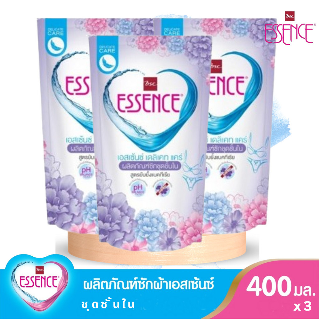 ESSENCE ผลิตภัณฑ์ซักผ้าเอสเซ้นซ์ สำหรับชุดชั้นใน ชนิดถุงเติม ขนาด 400 มล. (1 แพ็ค บรรจุ 3 ถุง)