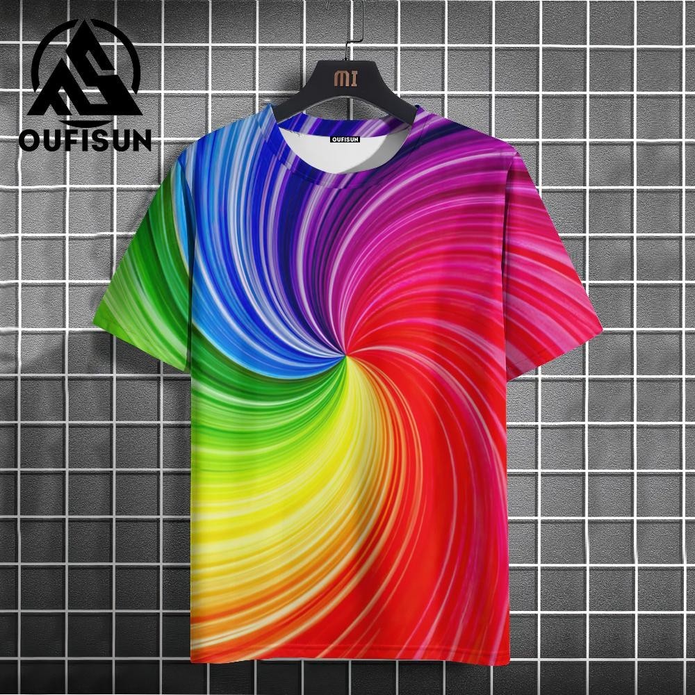 เสื้อยืดแขนสั้น พิมพ์ลายสายรุ้ง 3 มิติ โอเวอร์ไซซ์ สไตล์สตรีท เหมาะกับฤดูร้อน สําหรับผู้ชาย 2024