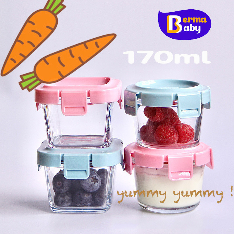 Berma Baby กล่องเก็บอาหารเด็ก กล่องแก้วเก็บอาหารอาหารทารกแช่แข็ง เข้าไมโครเวฟได้ ปลอดภัยสำหรับลูกน้อย ถ้วยแก้วใส่อาหาร