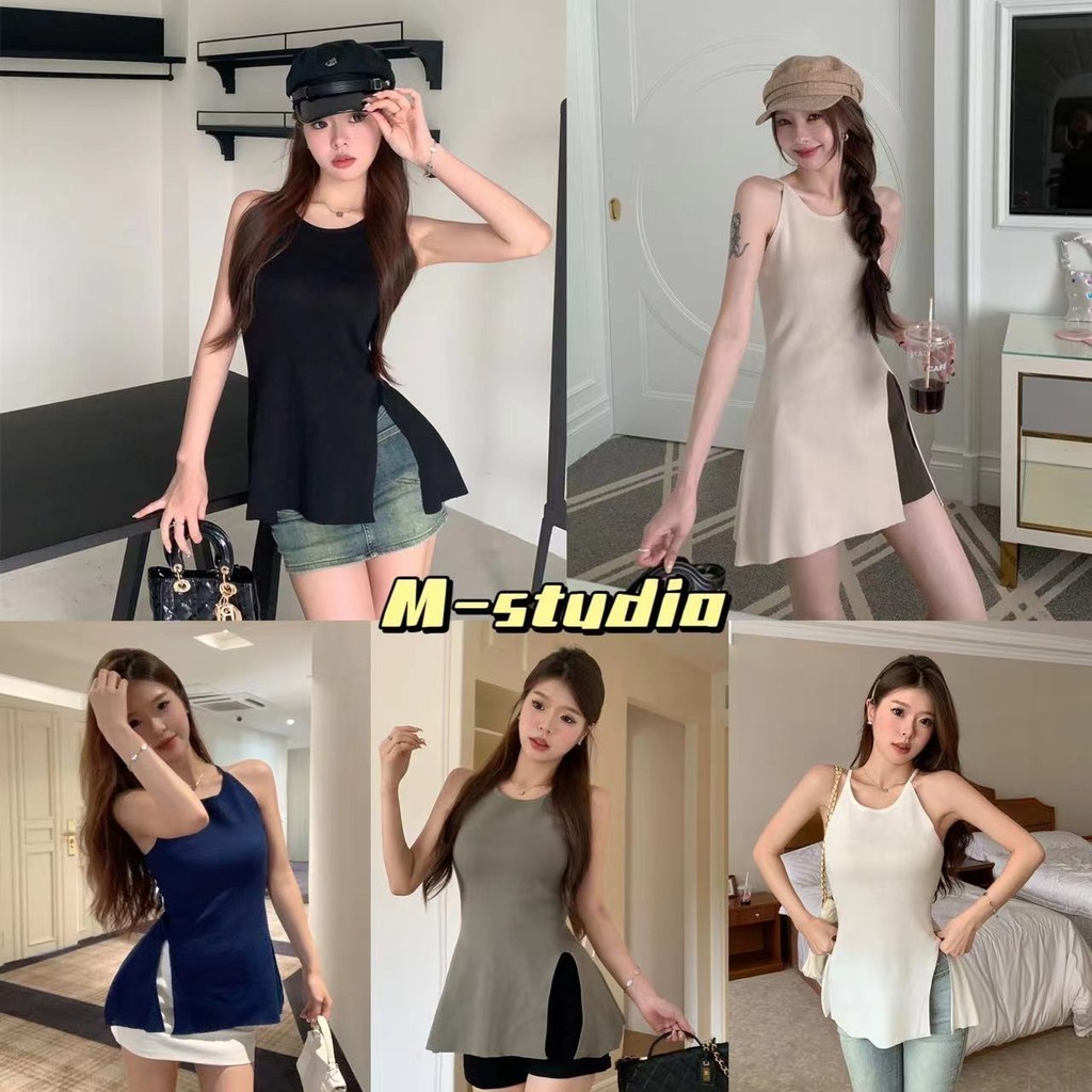 Maze⭐️พร้อมส่ง⭐️เสื้อสายเดี่ยวไหมพรมทรงยาวเรียบสวยแบบคุณหนูเกาหลีม๊าก เสื้อสายเดี่ยวไหมพรม ปลายแหวนข้าง เกาหลีมาก(31038)
