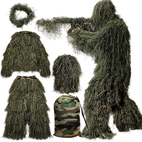 5 in 1 Ghillie ชุดสูท ลายพราง 3D พร้อมเสื้อแจ็กเก็ต กางเกงฮู้ด กระเป๋าถือ