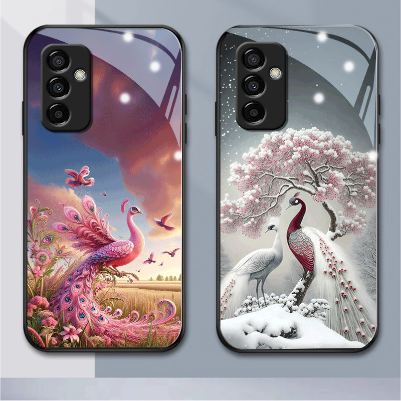 เคสโทรศัพท์มือถือแบบแก้ว ลายนกยูง พระอาทิตย์ตก สําหรับ Samsung A345G A01 A02 M02 A03 A04 A11 M11 A13