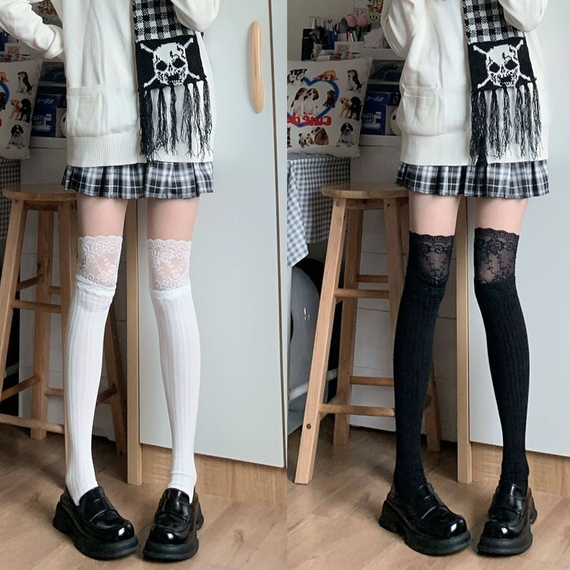 ถุงเท้ายาวถึงเข่าสตรีสไตล์เกาหลี ถุงเท้าผู้หญิงลูกไม้สีทึบ สไตล์วิทยาลัยเจเค