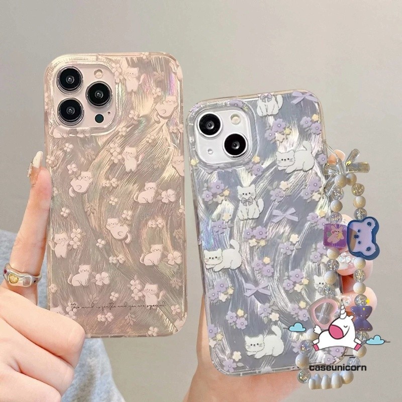 เคสโทรศัพท์มือถือ ลายการ์ตูนแมวน่ารัก พร้อมสายคล้องมือ ประดับโบว์ และไข่มุก สําหรับ Samsung A05s A14 A52 A13 A05 A51 A21s A52s A54 A02s A53 A12 A50s A04 A34 A03s A31 A30 A20s A04s A30s A24 A10s A32 A04E A23 A11