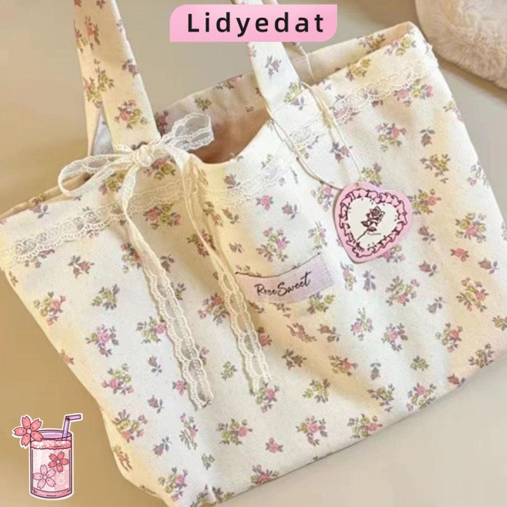 Lidyedat165 กระเป๋าสะพายไหล่,ผ้าแคนวาสความจุขนาดใหญ่พิมพ์ลาย,หวานพร้อมกระเป๋าถือลูกไม้โบว์