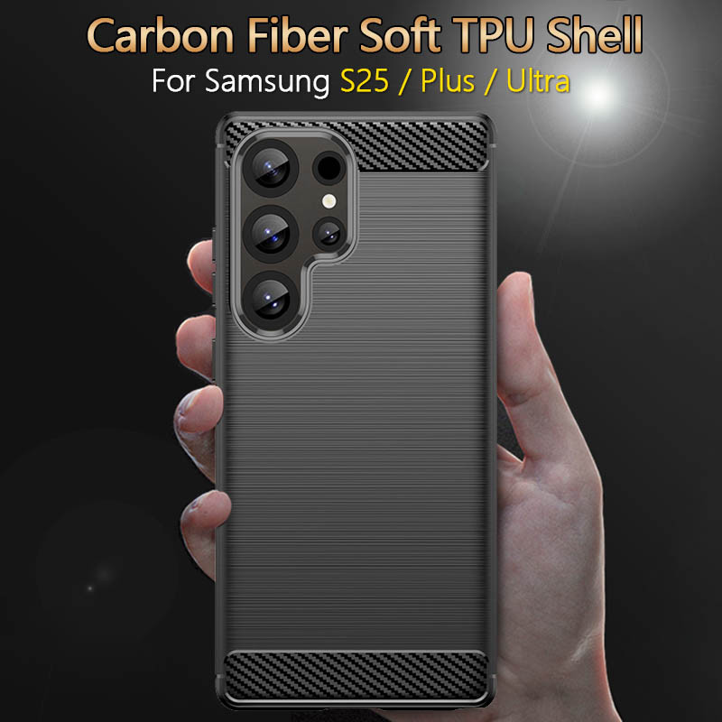 คาร์บอนไฟเบอร์ Streamer สําหรับ Samsung Galaxy S25 Edge S24 S23 S22 Plus FE Ultra Thin Anti Slip Matte Soft TPU Back Protector คลุมทั้งหมด Shell