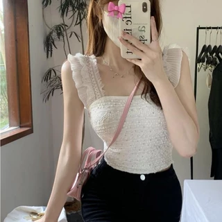YY87 เสื้อครอป แต่งแขนระบายลุคคุณหนู ลายจุดกากเพรช เกาหลี สุดน่ารักสวยมาก สุดฮิต