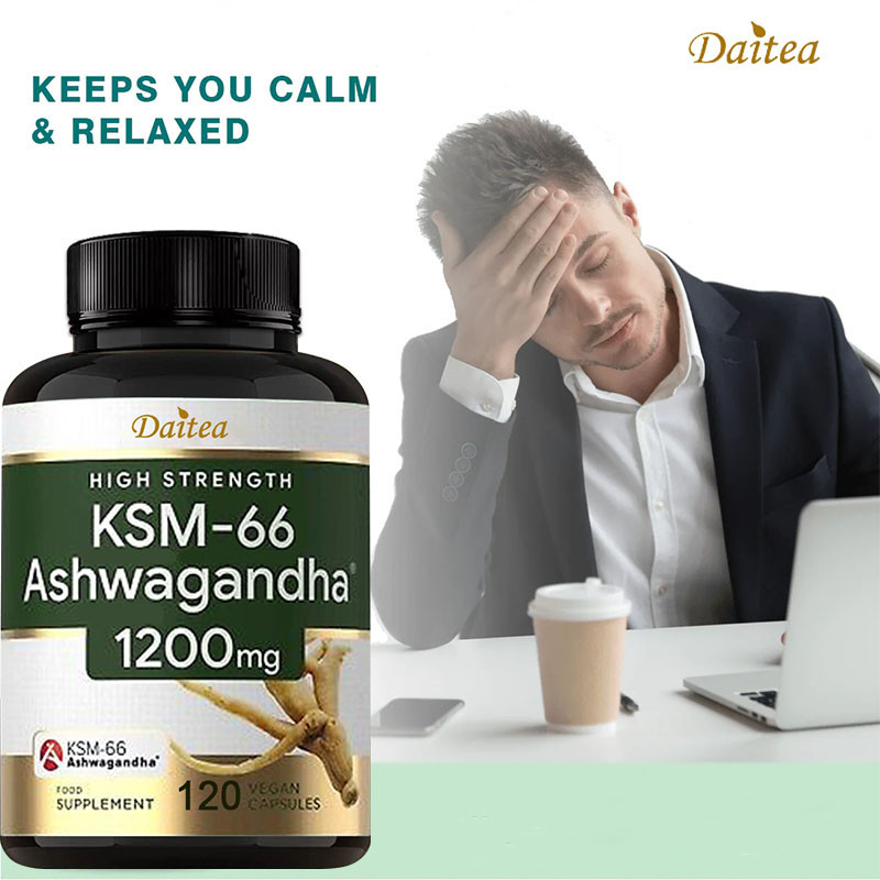 Ashwagandha แคปซูล 1200 มก. พร้อมสารสกัดจาก Ashwagandha KSM-66-120 แคปซูลมังสวิรัติ - บรรเทาความวิตกกังวล, อาหารเสริมบรรเทาความเครียด